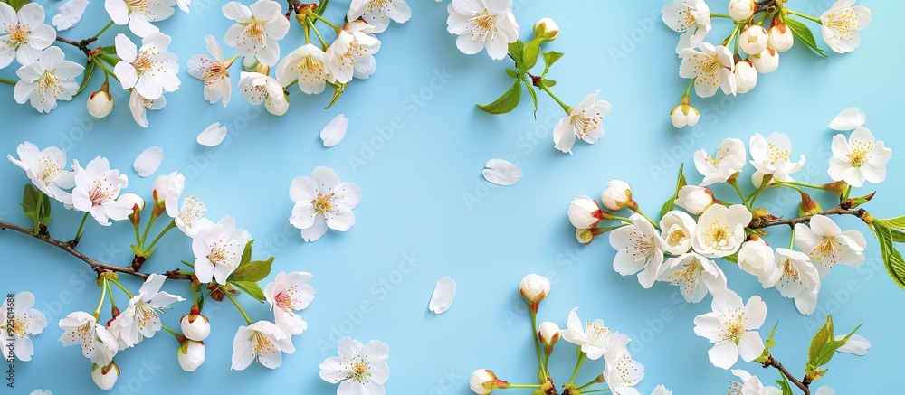 Poster top view of white cherry blossoms in spring on a blue backdrop with space for text, creating a seaso