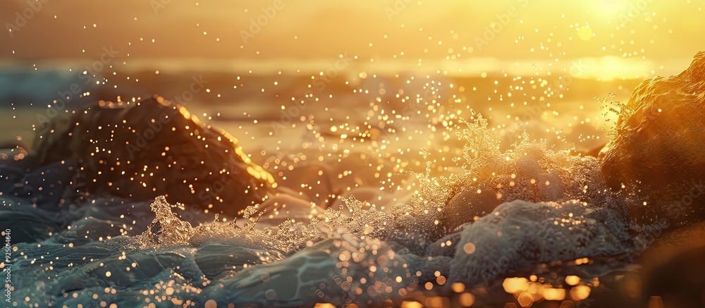 Canvas Prints A beautiful scene of wave texture hitting rocks with droplets under warm golden hour light creating a captivating copy space image