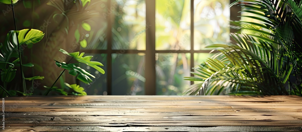 Aufkleber a wooden table is set against a blurred window and tropical leaf backdrop perfect for showcasing pro