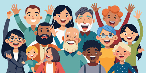 Set of people expressing emotions of joy and happiness. Happy and jubilant men and women in full growth
