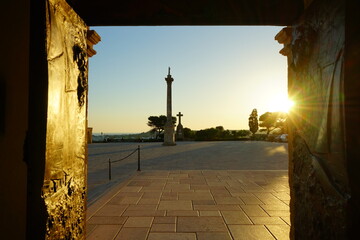 Santa Maria di Leuca cathedral entrace at the sunset, Salento, Puglia, Italy