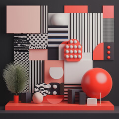 Pixel patterns and designs combined with minimalistic 3D objects, pixel graphics concept 