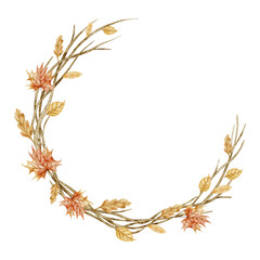 Watercolor Autumn Wreath with dried Leaves and waisted branches. Botanical circle Frame with fall plants and twigs for harvest festival invitations or wedding greeting cards. Round border.