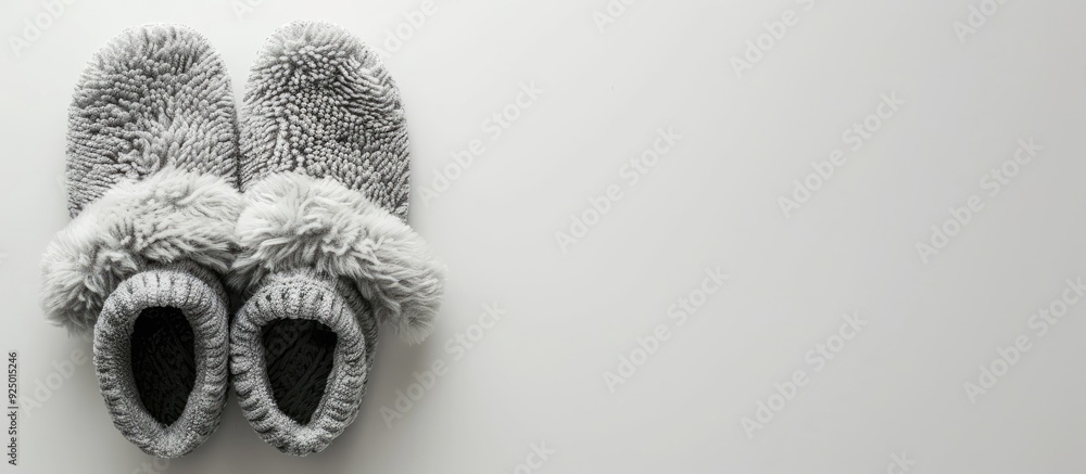 Poster view from above of grey warm slippers on a white surface with empty space for text or graphics in th