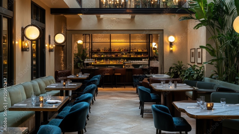 Poster a stylish dining space showcases plush seating and a well-lit bar, creating a welcoming atmosphere f