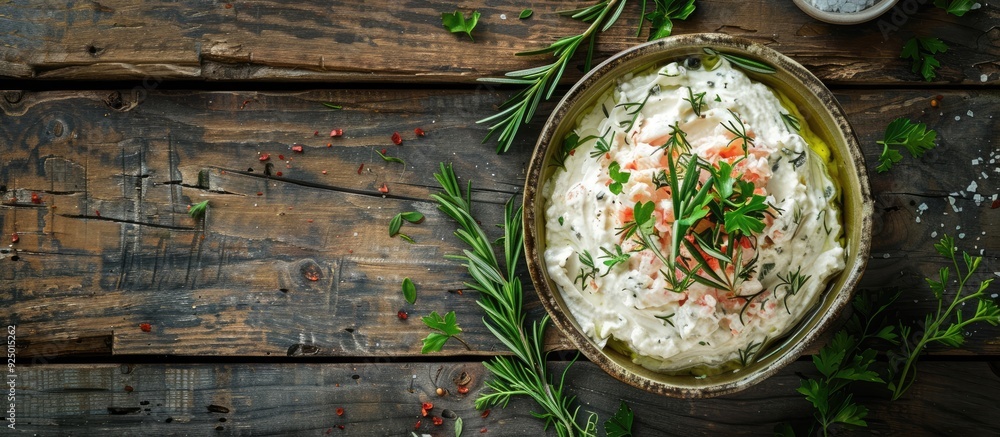 Poster a rustic top view of a fresh appetizer with crab stick cream cheese and herbs on a table providing a