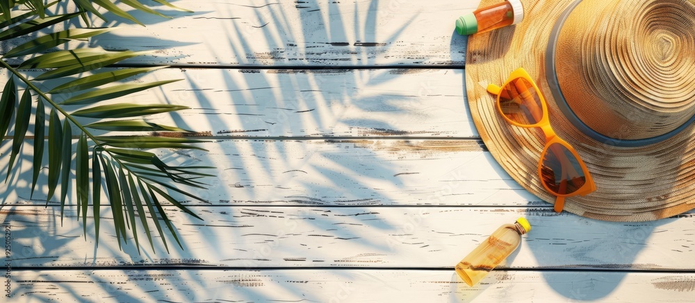 Poster A laid back vacation themed image with a straw hat sunglasses palm leaves and sunscreen on white planks perfect for adding text or graphics. Copy space image. Place for adding text and design