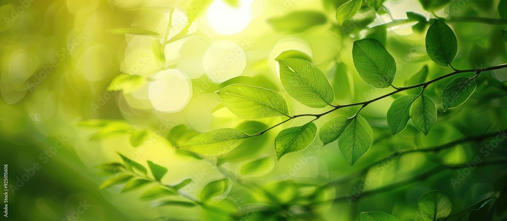 Poster close up image featuring leaves and stems against a blurred green background with ample copy space i