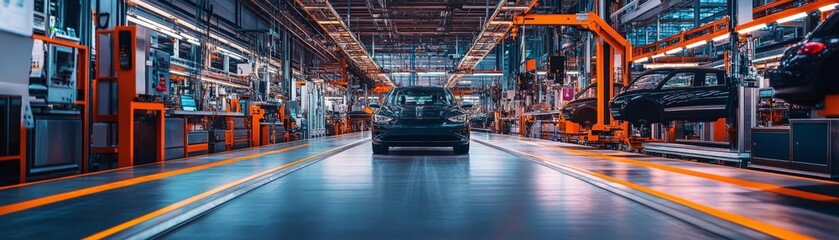 Obraz premium Modern car manufacturing assembly line with robotic arms and machinery in a high-tech automotive factory, creating quality vehicles efficiently.