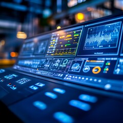 Obraz premium Modern control panel with various digital displays and data visualizations in a high-tech environment, glowing with blue light.