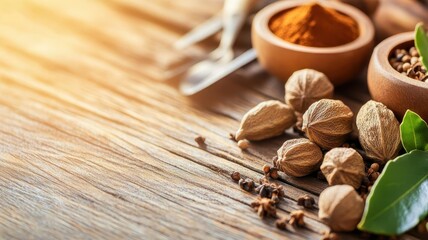 Naklejka premium Nutmeg and allspice on an antique wooden table with warm sunlight, warm spices, vintage culinary tools