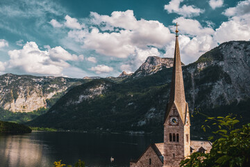 Fototapeta premium View of the Evangelical Parish Church in Hallstatt, Austria.