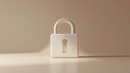 A clean and minimalist 3D render of a password icon, featuring a padlock with a keyhole and smooth edges in neutral colors like white or light gray. The design symbolizes security and protection