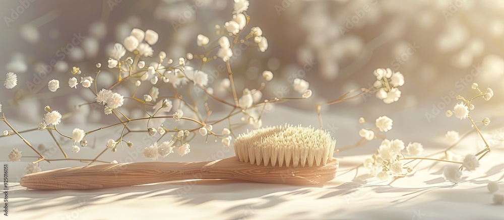 Poster image of a wooden brush adorned with delicate gypsophila flowers on a soft light background. copy sp