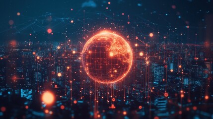 Abstract global network and connectivity concept with a glowing planet Earth surrounded by communication lines in a city background, with a double exposure effect.