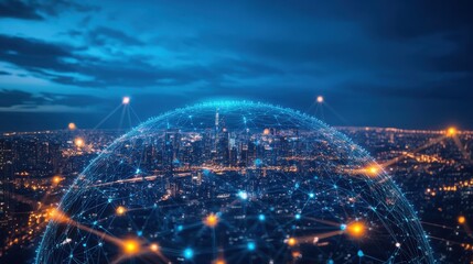 Digital globe with glowing connections and city background, global network concept on a blue sky at night