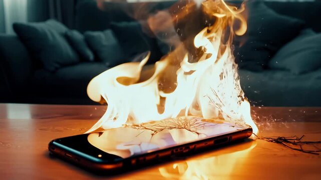 Smartphone catches fire while lying on table in living room, close up of mobile phone engulfed in flames