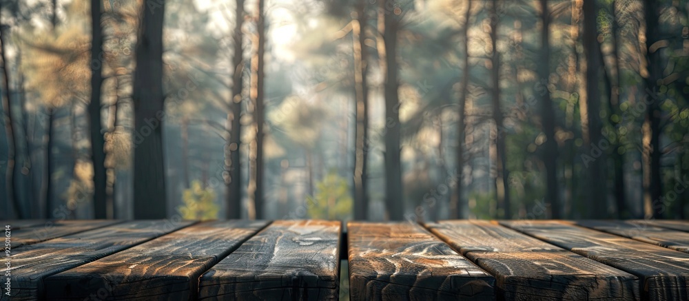 Poster wooden desk with rustic texture set against a blurred forest background providing ample copy space f