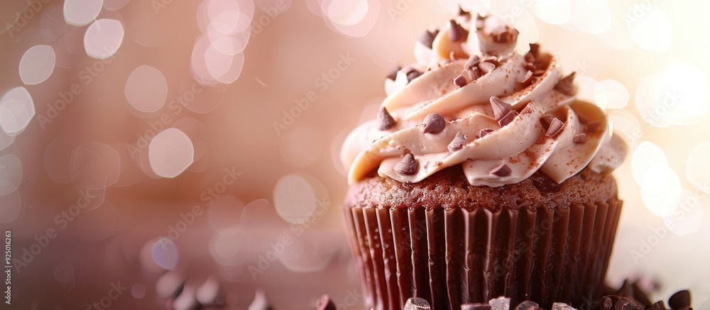 Poster close up of a cupcake with chocolate drops on top showcasing a delightful treat set against a visual