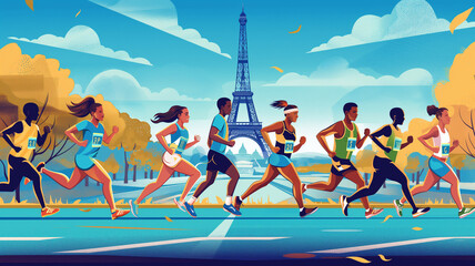 Obraz premium Diverse Runners in Paris Marathon