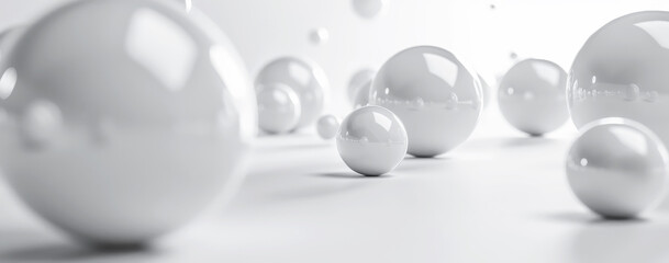 Abstract white background with floating spheres, soft tones and minimalistic design