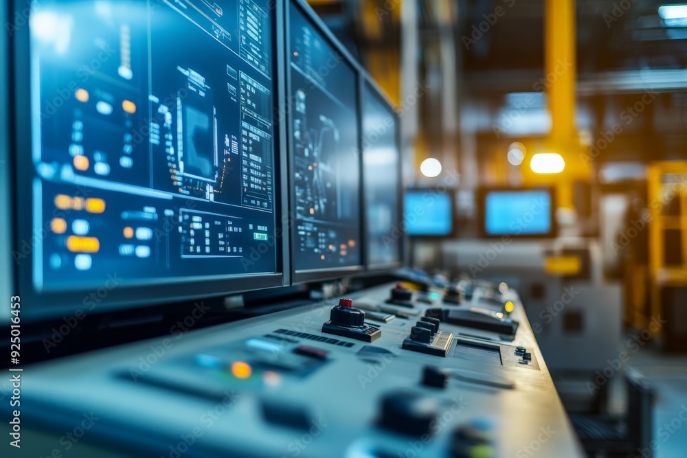Poster modern industrial control room with digital screens and advanced technology, ensuring precision and 