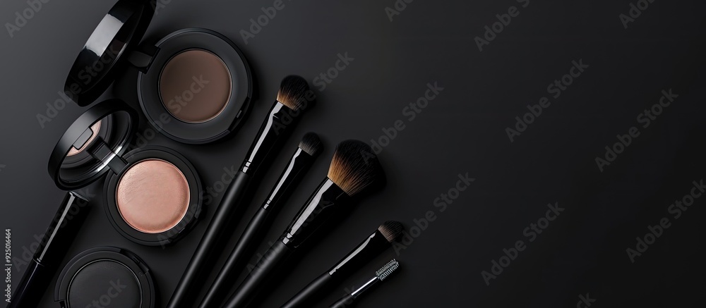 Poster makeup products are arranged on a black backdrop with room for text ideal for a copy space image