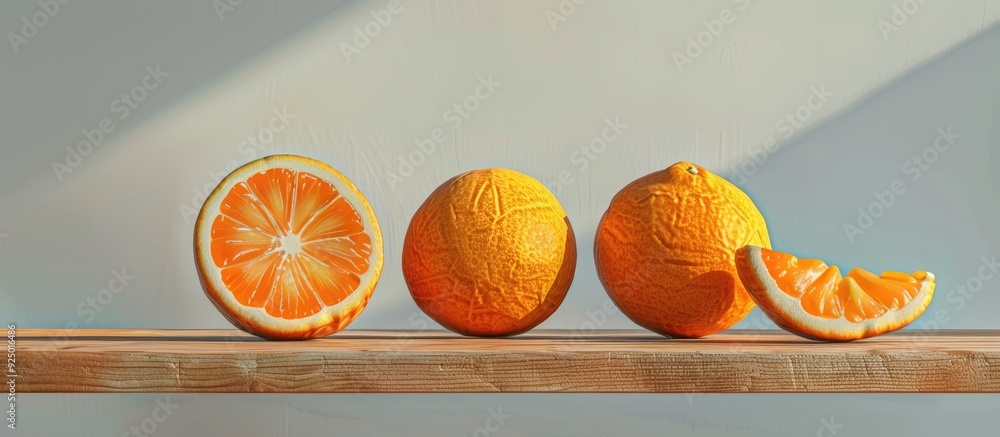 Poster oranges without peel on a wooden surface set against a white backdrop with copy space image