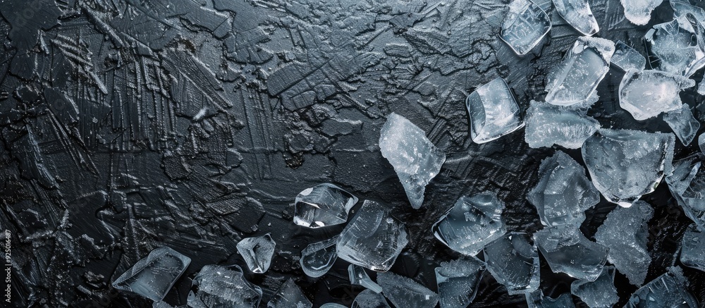 Poster top down view of crushed ice bits on a textured dark surface with copy space image available