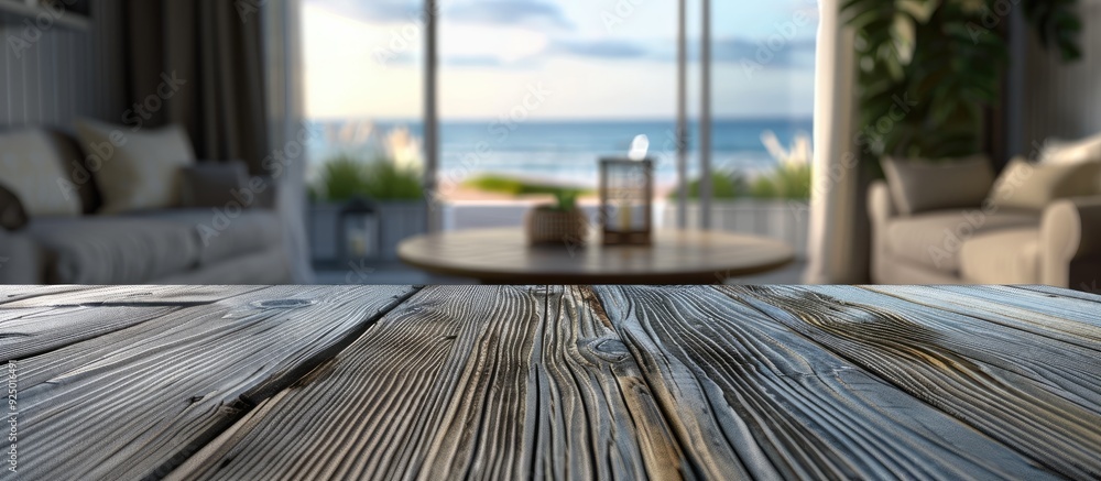 Sticker A wooden table with a blurred coastal living room in the background is perfect as a copy space image for showcasing products