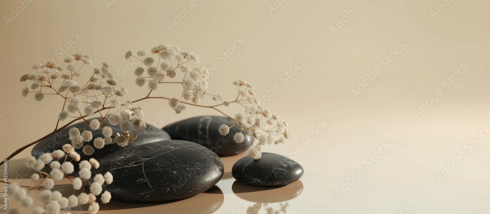 Poster front view of a simple yet beautiful nature setting featuring black stones a hazy flower branch and 