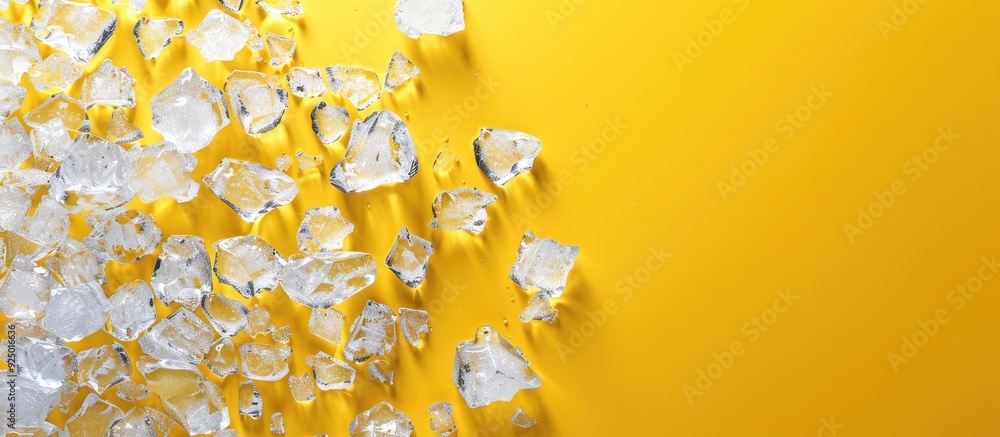 Poster top down view of crushed ice on a yellow background with copy space image available