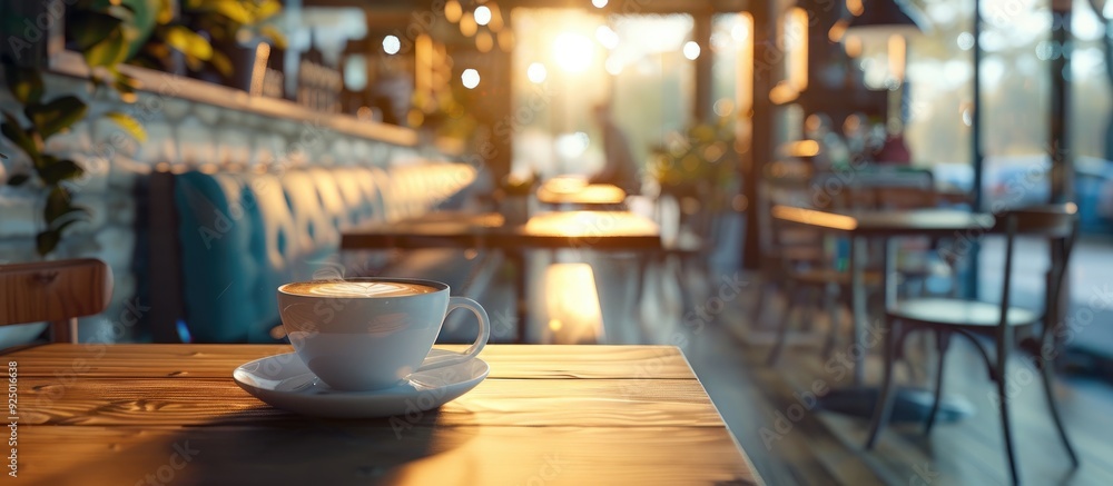Poster morning coffee on a table with a coffee shop background is a cozy setting for a relaxing start to th