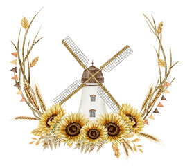 Watercolor Windmill with Sunflower Floral Border Illustration. Drawing with autumn Flowers, wind mill and fall branches for harvest festival greeting card or wedding invitation. Fall composition. © Alisles