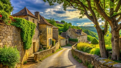 Winding rural road lined with ancient stone walls and overhanging trees, leading to a picturesque medieval village in the French countryside.