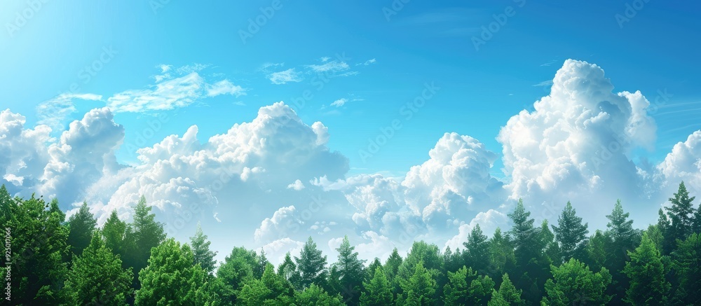 Poster forest landscape with white cumulus clouds perfect as a banner for linkedin with copy space image