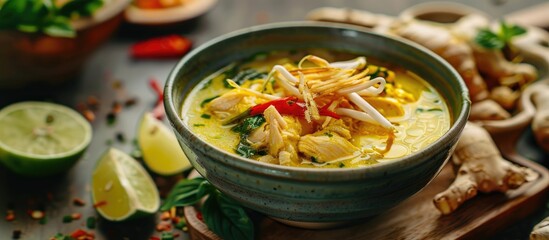Traditional Indonesian soup soto ayam features a clear herbal broth rich with turmeric chicken and veggies served with lime and crispy shallots Chosen for a focused copy space image