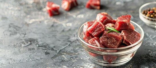 Glass bowl with beef ribs fresh red meat pieces on grey backdrop creating a captivating copy space image
