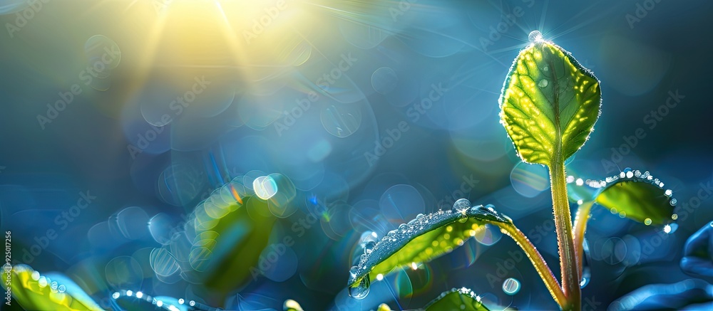 Poster macro image of a dew covered sprout on a blue backdrop capturing the sun s flare with copy space ima