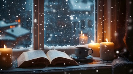 A cozy scene with an open book, a cup of coffee, and candles on the windowsill overlooking snow falling outside