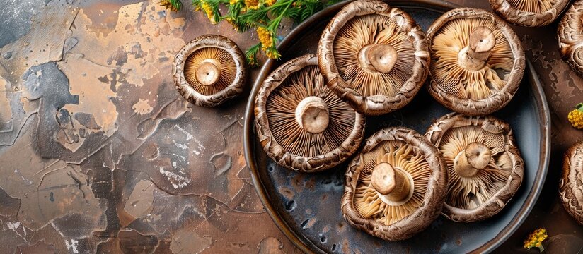 Top view of a rustic keto or paleo diet friendly vegetarian or vegan appetizer featuring dried shiitake mushrooms on a table with a copy space image