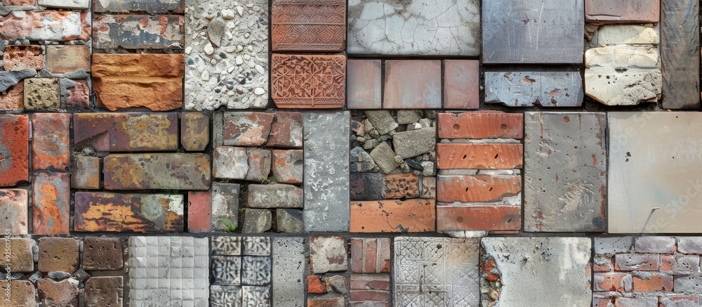 Poster an assortment of old and new bricks arranged against a brick wall creating an ideal background for d