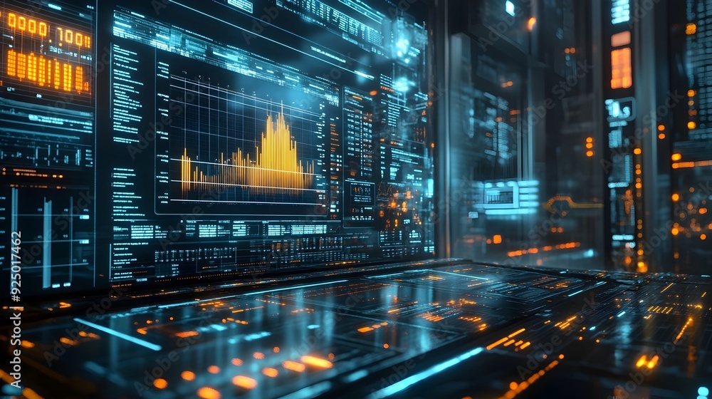 Poster futuristic 3d rendering of financial data analysis with sleek digital screens and metrics
