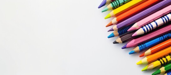 Fototapeta premium A selection of colorful crayons and pencils on a white background with ample empty space for writing representing a back to school theme as a copy space image
