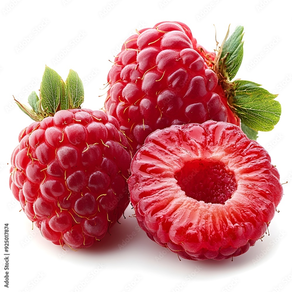 Wall mural ripe and juicy red raspberries on white background