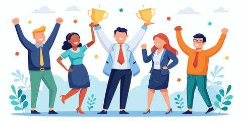 Happy business team celebrating victory. Colleagues rejoice in success and achievements. The concept of successful teamwork
