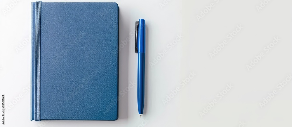 Poster blue notebook and pen seen from above on a white background suitable for school or office wallpapers