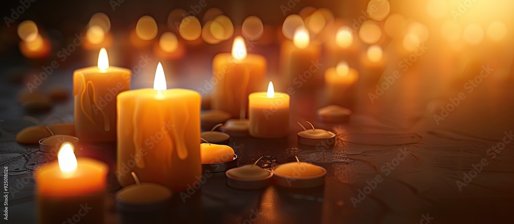 Poster close up view of numerous lit candles on a dark background with room for text within the image. copy