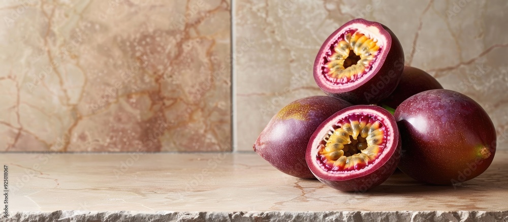 Poster passionfruit sliced on a kitchen counter part of a healthy diet with a neutral textured tile backdro