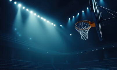 A basketball hoop in an empty arena, lit by floodlights. The background is dark and moody with soft lighting creating depth of field. No crowd or players, dark blue color theme.